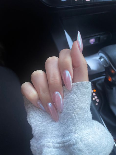 Alomd Nails Ideas Chrome, Chrome Nails Almond Pink, Milky White Nails With Pink Heart, Long Pink Chrome Nails, Long Chrome Almond Nails, Milky White Pink Chrome Nails, White Pink Almond Nails, White Nails With Pink Chrome, Natural Crome Nails