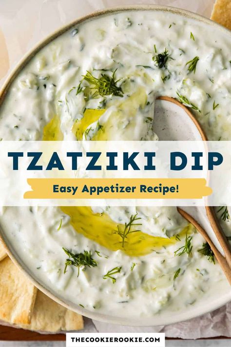 Tzatziki Dip is a creamy, tangy Greek appetizer that's as refreshing as it is delicious! The Greek yogurt base is enhanced by fresh and flavorful ingredients like shredded cucumber, lemon juice, garlic, and herbs. Serve this addictive dip at your next party and watch it disappear! Cucumber Dip Greek, Greek Salad Dip, Greek Dip Appetizer, Taziki Dip, Tzatziki Sauce Recipe Greek Yogurt, Tzatziki Dip Recipe, Cucumber Lemon Juice, Taziki Sauce, Shredded Cucumber