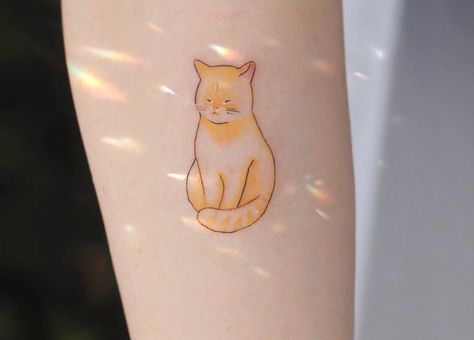 Yellow Cat Tattoo Designs, Orange And White Cat Tattoo, Yellow Cat Tattoo, Ginger Cat Tattoo Designs, Orange Cat Tattoo Ideas, Ginger Cat Tattoo Small, Small Orange Cat Tattoo, Cat Tattoo Orange, Orange Cat Tattoo Simple