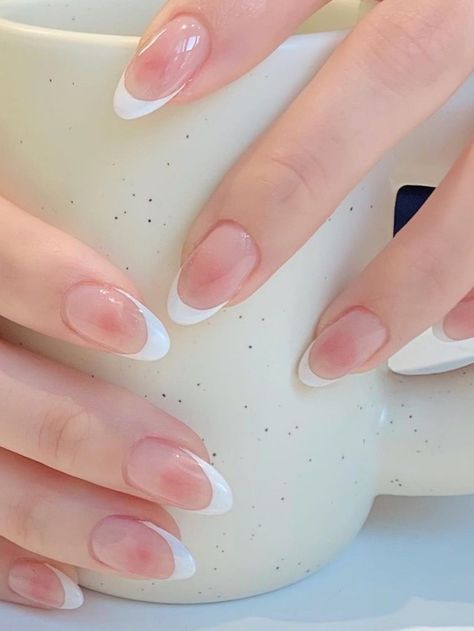 white French tips and blush nails White Nail Simple Design, White And Clear Nails Design, Korean Nail Inspo Almond, Gel Nail Designs French Tip Ideas, Korean French Nails, Desain Nail Art Simple, Minimalist Nail Art Korean, Korean Nail Designs Trends, White Korean Nails