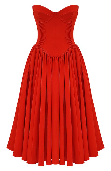 A corseted bodice creates a stunning silhouette on a fit-and-flare dress finished with a voluminous midi skirt for modern allure. Exclusive retailer Hidden back-zip closure Sweetheart neck Strapless Partially lined 65% Richcel viscose, 35% polyester Dry clean Imported Red Carpet Midi Dress, Winter Gala Dress Formal, Birthday Dress Midi, Corset Vintage Dress, Corset Top Dresses, Christmas Party Dress Cocktail, Corset Dress Midi, Fit And Flare Dress Formal, Red Elegant Wedding