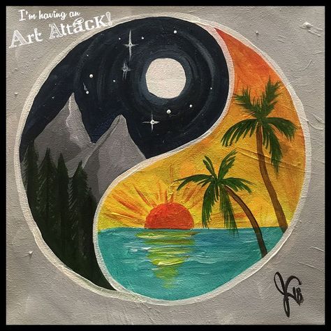 Beautiful Drawing In Day And Night Mode Ying Yang Painting Ideas, Ying Yang Painting Canvases, Half And Half Paintings, Ying Yang Art Drawing, Trippy Painting Ideas Creative Simple, Ying Yang Painting, Hippie Art Ideas Simple, Yin Yang Painting, Ying Yang Art