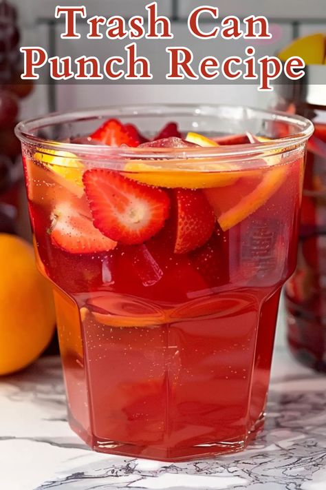 Trash Can Punch is the ultimate party drink, perfect for large gatherings and celebrations. This vibrant punch combines 16 ounces of vodka, 16 ounces of 151 rum (or any other high-proof rum), and a gallon of Hawaiian Punch. It’s an easy-to-make, crowd-pleasing cocktail that packs a flavorful punch. Vodka Punch Recipes Parties, Trash Can Drink, Vodka Fruit Punch, Hawaiian Punch Recipes, Trash Can Punch, Party Punch Alcohol, Vodka Punch, Alcoholic Punch Recipes, Rum Punch Recipes