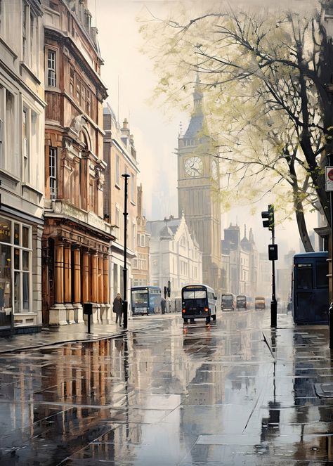 London Watercolor, London Scene, London Art, City of London, Vintage Watercolor, Downloadable Print, / 005 - Etsy London Concept Art, Watercolor London, London Watercolor, London In Winter, Jesus Wallpapers, London Rain, Beautiful Winter Pictures, London Painting, London Wallpaper