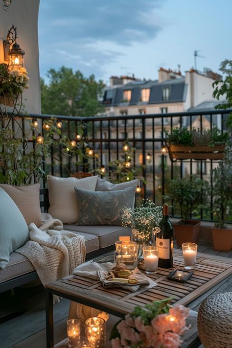 29 Small Apartment Balcony Ideas for a Chic Look 14 Lights On Balcony Apartment, Balcony Table Decor, Small Balcony Lights, Fairy Balcony, Small Patio Ideas Apartment Tiny Balcony, Romantic Balcony Ideas, Small Balcony Table, Zen Balcony Ideas, Apartment Porch Ideas