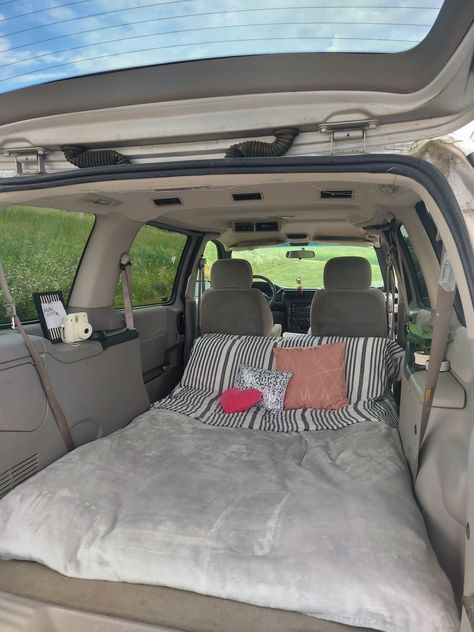 Car, pillows, sleepover, blankets Sleeping In Back Of Car, Trunk Camping Setup, Bed In The Back Of A Car, Car Sleepover Aesthetic, Van Sleepover, Bed In Back Of Car, Rav4 Car Camping, Car Sleepover Ideas, Back Of The Car Date Night