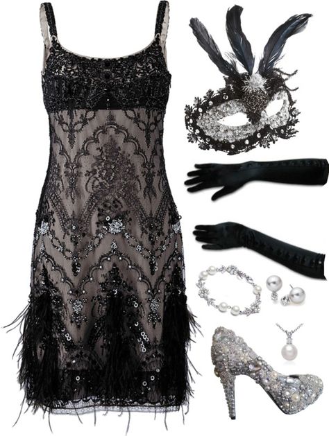 "Vintage Masks Ball" by nazaretqp on Polyvore...love the outfit without the mask...ok the mask is cool too! Masquerade Outfit Ideas Simple, 1920s Masquerade Ball, Mascerade Masks Halloween, 20s Masquerade Party Outfit, 1920 Masquerade Ball, Mask Party Outfit Dresses, 1920 Dresses Vintage, Mascarade Outfit Ideas, Black Masquerade Outfit Ideas