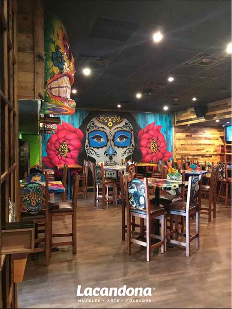 Día de muertos y temas mexicanos para tu restaurante Restaurant Seating Design, Mexican Restaurant Design, Mexican Restaurant Decor, Mexican Bar, Tequila Bar, Mexican Culture Art, Mexican Home Decor, Best Street Art, Restaurant Concept