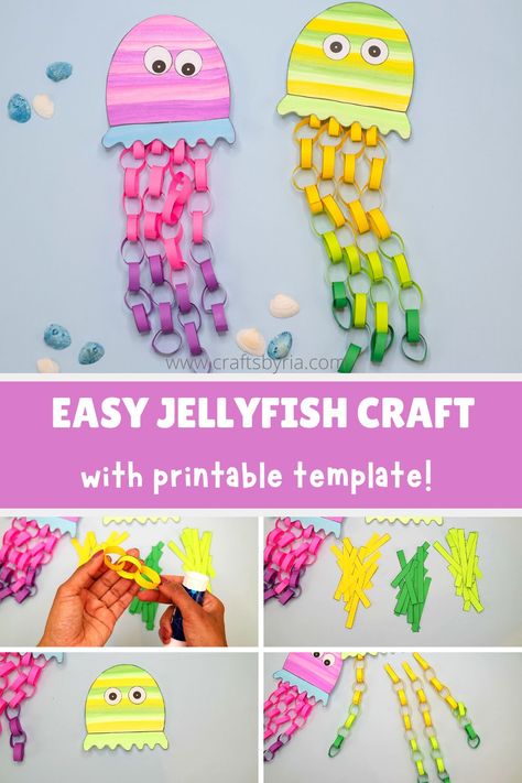 Colorful paper jellyfish craft with printable craft template for preschoolers, kindergardeners and school age kids. Perfect summer craft to work on scissor skills and fine motor skills. The jellyfish’s tentacles are made of colorful paper chains which look super cute when the kids wiggle it. #craftsbyria Jellyfish Art Kindergarten, Craft Ideas For School Age Kids, Fish Out Of Construction Paper, Paper Chain Jellyfish Craft, Paper Chain Jellyfish, Jellyfish Art And Craft, Jellyfish Printable Template, Summer Holiday Crafts For Kids, Fine Motor Crafts For Kids