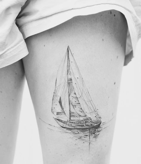 Sailing Boat Thigh Tattoo Sailing Tattoo, Sailboat Tattoo, Boat Tattoo, Ship Tattoo, Music Tattoos, Custom Tattoo Design, Sailing Boat, White Tattoo, Trendy Tattoos