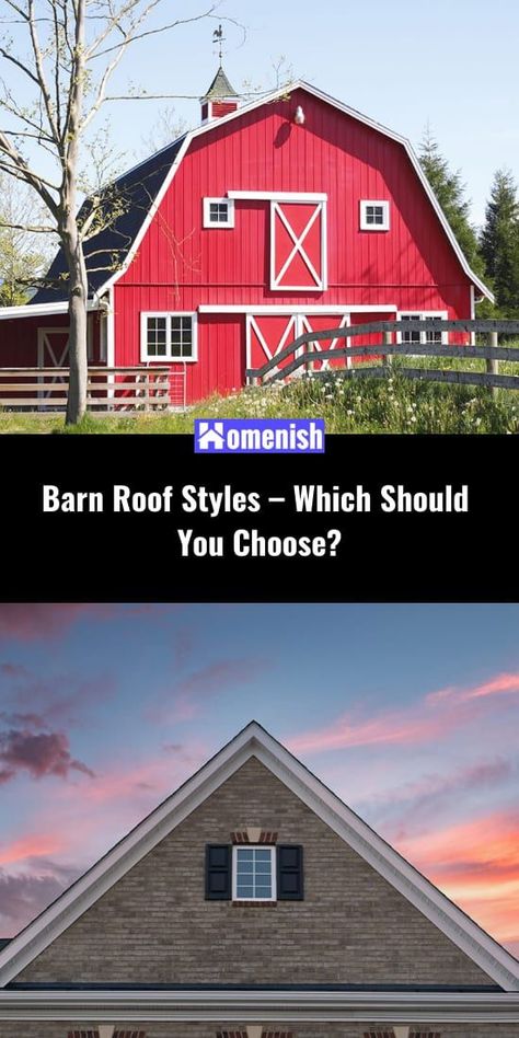 Whether you’re building a new barn or redoing the roof on your existing structure, it’s important to choose the right roofing style and material to use for your climate and purposes. In this post, we’re discussing the pros and cons of the most common barn roof styles in terms of shape as well as the best barn roofing materials to use. Barn Roof Styles, Western Facade, Black Buildings, Barn Cupola, Garage Woodshop, Pole Barn Plans, Gambrel Barn, Garage Apartment Plan, Apartment Plan