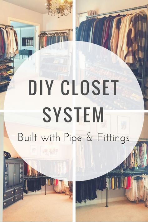 DIY Closet System Built with Pipe & Fittings (Plans Included)  #KeeKlamp #DIY #clothingrack Industrial Pipe Closet, Closet Remodel Diy, Pipe Closet, Closet Wall Organizer, Clothes Room, Diy Closet System, Industrial Closet, Cheap Closet, Bedroom Industrial