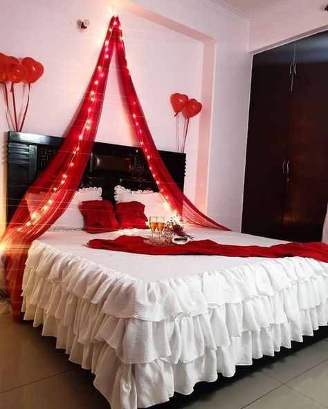 #trendy weeding night couple room Just Married Room Decoration, Valentine Bedroom Decor, Wedding Night Room Decorations, Valentines Bedroom, Romantic Room Surprise, Romantic Dinner Decoration, Romantic Room Decoration, Wedding Bedroom, Wedding Bed