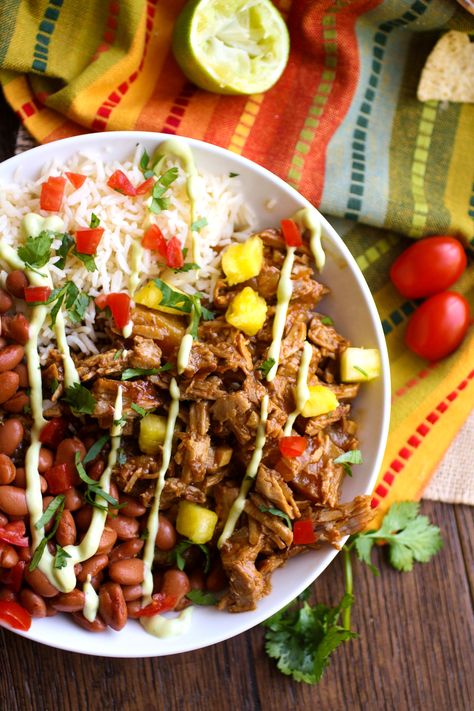 Pork al pastor bowls are amazingly delicious! You'll find rice, beans, and even pineapple in this dish. Pork Al Pastor, Pork Sirloin, Chicken Bowl Recipe, Ground Pork Recipes, Healthy Bowls Recipes, Beef Bowls, Rice Beans, Pork Ham, Healthy Bowls