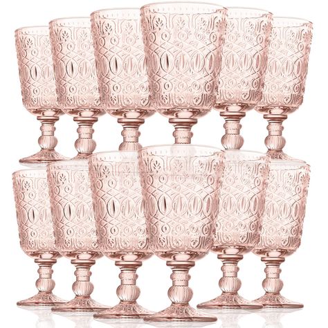 Brigerton Pink Party, Vintage Rose Glassware, Glassware For Wedding Reception, Pink Wedding Glassware, Vintage Pink Drinking Glasses, Pink Prosecco Glasses, Pink Glam Bridal Shower, Eclectic Wedding Glassware, Pink Wedding Glasses