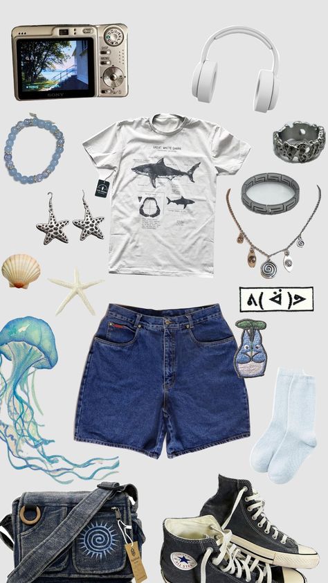 ocean themed outfit Cute Ocean Outfits, Ocean Theme Outfit, Ocean Girl Outfits, Marine Biology Outfits, Ocean Core Outfits, Ocean Aesthetic Clothes, Lost At Sea Outfit, Ocean Inspired Outfits, Oceancore Outfit