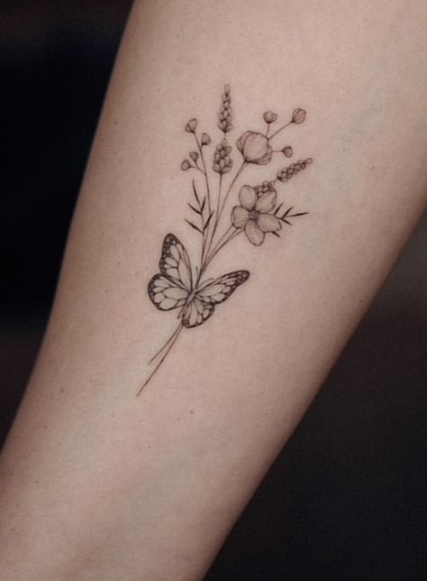 Butterfly With Wild Flowers Tattoo, Butterfly Tattoo With Greenery, Tiny Flower And Butterfly Tattoo, Miscarried Butterfly Tattoo, Birth Flower Bouquet Tattoo With Butterfly, Wildflower With Butterfly Tattoo, Birth Flowers With Butterfly Tattoo, Tattoo Ideas Flowers And Butterflies, Butterfly And Birth Flower Tattoo