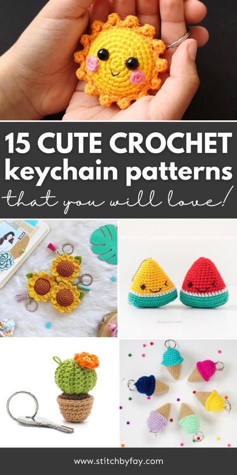 Brighten up your bag or keys with a cute crochet accessory! Amigurumi keychains are fun bite sized projects perfect for markets or a quick crochet fix as well as practicing new skills or techniques. These easy crochet keychain patterns are quick and fun plus with 15 free cute crochet keychain patterns to choose from, there's something for everyone on this list! Crochet Amigurumi Free Patterns Easy Key Chains Patterns, Amigurumi Keychain Free Pattern English, Easy Crochet Keyring Free Pattern, Crochet Keyring Pattern, Amigurumi Easy Free Pattern, Animaguri Crochet, Crochet Ideas For Markets, Keychain Amigurumi Free Pattern, Free Keychain Crochet Patterns