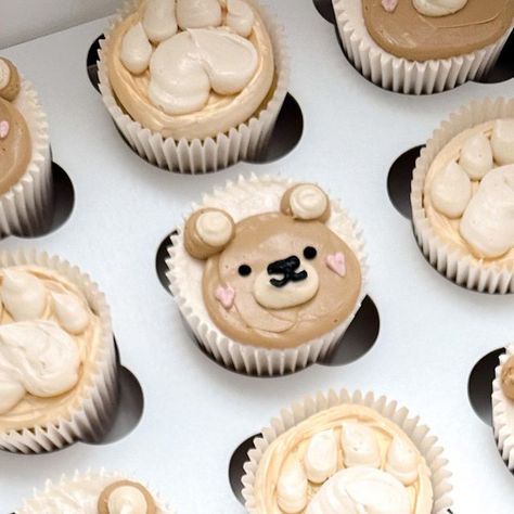 hannah • cupcake & cake artist on Instagram: "Teddy bear themed cupcakes for a baby shower🧸🐾 The heart cheeks are my fave part 🥹 . . 🧁: Chocolate with Almond Swiss Meringue Buttercream" Teddy Bear Gender Reveal Cupcakes, Teddy Bear Themed Cupcakes, Coffee Theme Cupcakes, Bear Themed Cupcakes, Bear Birthday Cupcakes, Teddy Bear Cupcakes Ideas, Bear Cupcakes Ideas, Bear Baby Shower Cupcakes, Teddy Bear Baby Shower Cupcakes