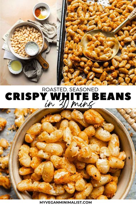 Roasted Cannellini Beans - Crispy Oven-Baked White Beans Cannellini Bean Recipes, Oven Baked Chips, Roasted Lentils, Creamy White Beans, Cannellini Beans Recipes, White Bean Recipes, Bean Snacks, Stewed Potatoes, Crunchy Snack