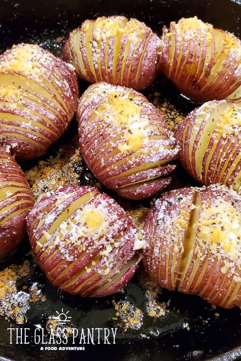 Hasselback Red Potatoes with Parmesan Cheese| Easy Baked Red Potatoes | Red Potato Recipe | The Glass Pantry A Food Adventure | Melisa Smith Twice Baked Potatoes Red Potatoes, Things To Do With Red Potatoes, Best Red Potatoes Recipes, Red Idaho Potatoes Recipe, Best Way To Make Red Potatoes, Easy Red Potatoes In Oven, Keto Red Potato Recipes, Red Potato Side Dish, Hasselback Potatoes Recipes