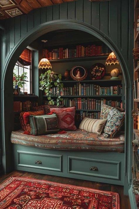 Sunroom Library Cozy, Creating Library At Home, Green And Gold Library Room, Bedroom Ideas With Lots Of Storage, Tolkien Inspired Home, Pretty Home Library, Small At Home Library, Book Garden Decor, Forest Green Library