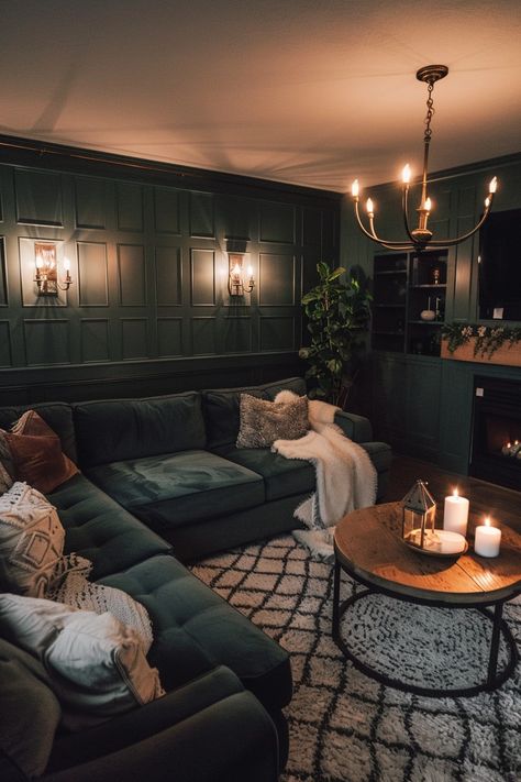 House Design Moody, Cozy Dramatic Living Room, Dark Colonial Living Room, Cozy Apartment Aesthetic Living Room Dark, Rustic Living Room Aesthetic, Thrifted Moody Decor, Moody Den Colors, Chimney Room Ideas, Themes For Interior Design