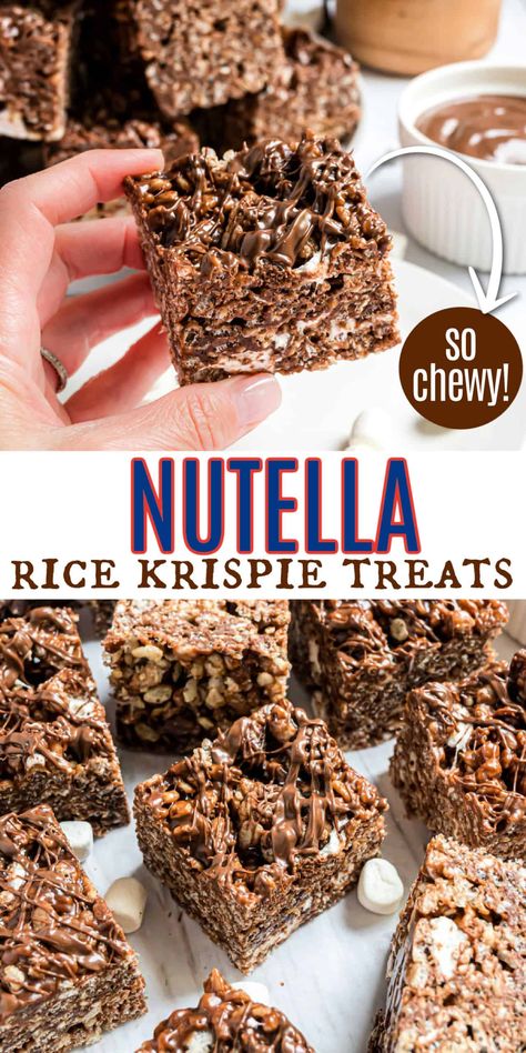 Nutella Rice Krispie Treats combine my favorite rice krispie treats with creamy chocolate hazelnut spread. Soft and chewy, you'll love this easy recipe! Brown Butter Sea Salt Rice Krispies, Nutella Rice Crispy Treats, Fluffer Nutter Rice Krispie Treats, Rice Krispie Bar Recipes, Gingerbread Rice Crispy Treats, Rice Crispy Treat Flavors, Churro Rice Krispie Treats, Rice Krispie Flavors, Fancy Rice Crispy Treats