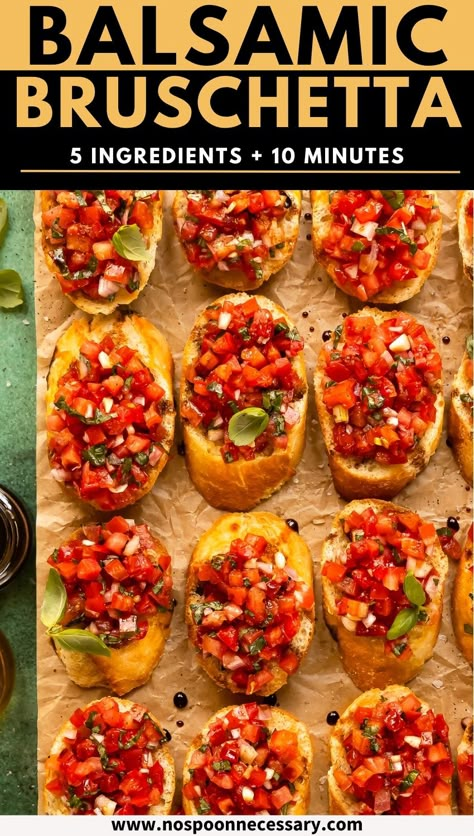 Bright, juicy tomatoes, pungent garlic, sweet-tart vinegar, and fresh basil are the stars in this easy Balsamic Bruschetta recipe. Simply made with 5 ingredients and just 10 minutes of prep time, this classic Italian toast topper is synonymous with summer. And if you can’t do bread, no worries - it’s also delicious spooned over all your grilling season favorites. Bruchetta Recipe Bread, Bruschetta Recipe With Balsamic Glaze, Brandywine Tomatoes Recipe, Tomatoes And Balsamic Vinegar, Tomato Bruschetta With Balsamic Glaze, Canned Bruschetta Recipe, Canning Bruschetta In A Jar, Balsamic Bruschetta Recipe, Bruschetta Recipe Easy