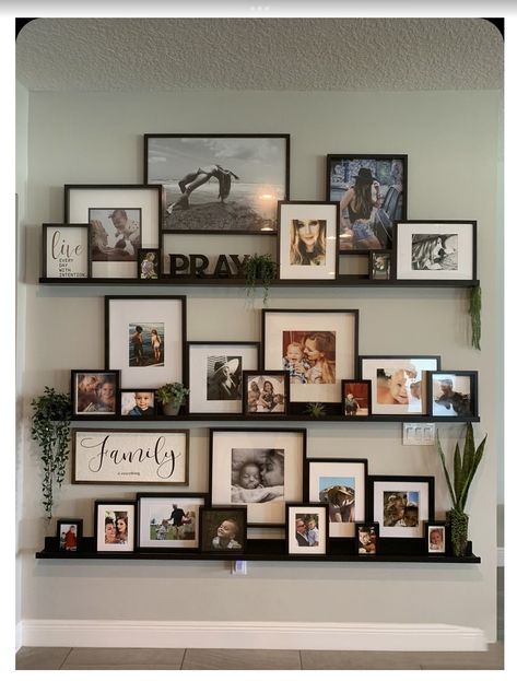 Living Room Wall Decor Ideas Industrial, Frames On Living Room Wall, Home Picture Wall Ideas, Photo Display In Living Room, Cluster Photos On Wall, Collage Walls With Pictures, Wedding Wall Home Decor, Living Room Wall Decor With Pictures, Gallery Wall In Bedroom Ideas