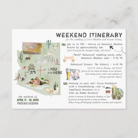 Florida Itinerary, Weekend In Colorado, Sedona Itinerary, Colorado Itinerary, Wedding Weekend Itinerary, Beach Invitations, Hacienda Wedding, Sedona Wedding, Event Card