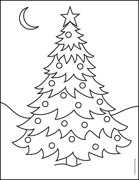 Christmas Tree Drawing Easy, Draw A Christmas Tree, Christmas Tree Sketch, Christmas Journaling, Christmas Tree Outline, Christmas Tree Coloring, Tree Drawing Simple, Christmas Tree Tutorial, Easy Christmas Drawings