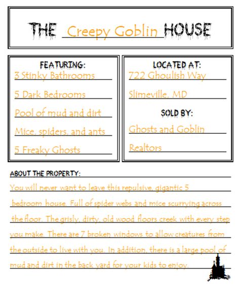 I love all holidays. I especially love incorporating holiday activities in the classroom whenever possible. Students are constantly distracted by the events surrounding the holidays so I feel if I can give them some holiday-related activities, they will be more engaged in the lesson. Even though hol Haunted House For Sale, Haunted Houses For Sale, Halloween Stations, Halloween Writing Activities, Fourth Grade Writing, Halloween Lesson, Halloween Writing, 3rd Grade Writing, 2nd Grade Writing