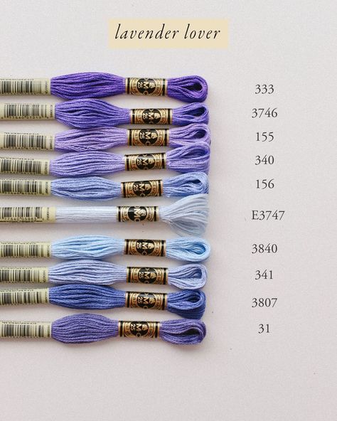 This month’s thread club palette is for the purple lovers!!! We’ve got all different shades from the pink purples to the blue purples so we named it ‘Lavender Lover’!!! Dmc Floss Chart, Cross Stitch Floss, Embroidery Lessons, Dmc Embroidery, Cross Stitch Thread, Types Of Stitches, Dmc Embroidery Floss, Thread Bracelets, Diy Bracelets Patterns