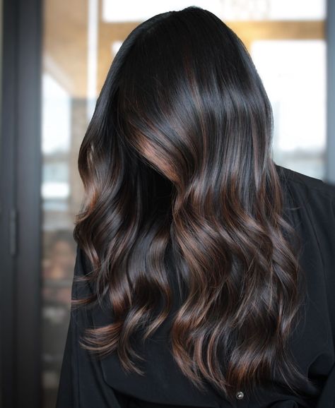 27 Trendy Fall Hair Color Ideas for Brunettes: Highlights, Ombre, and More for All Hair Types Dark Brown Hair Color Ideas Fall, Black Hair With Brown Highlights, Trendy Fall Hair Color, Dark Chocolate Brown Hair, For Brunettes Highlights, Brown Hair With Caramel Highlights, Wedding Hair Colors, Black Brown Hair, Highlights Ideas