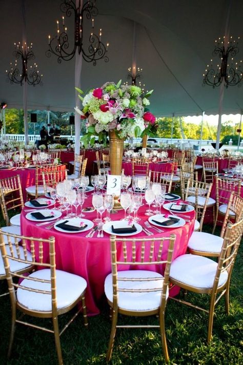 Hot Pink Table, Pink Tablecloth, Black Napkins, Hot Pink Weddings, Beach Wedding Flowers, Pink And Gold Wedding, Tall Centerpieces, Pink Table, Wedding Reception Tables