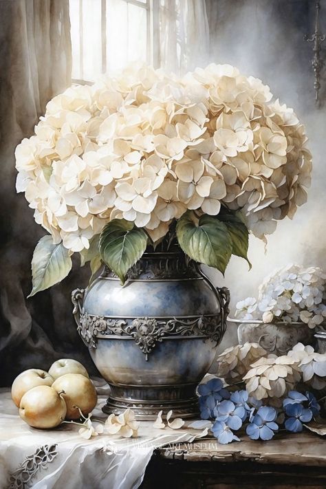 Watercolor Hydrangeas, Watercolor Hydrangea, Hydrangea Painting, Oil Painting Inspiration, White Hydrangeas, Abstract Floral Art, Vintage Watercolor, Cottagecore Decor, Landscape Art Painting