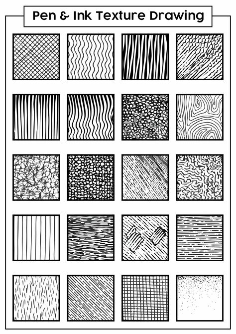 Pen and Ink Texture Worksheet Line And Linear Drawing, Line Techniques Drawing, Ink Line Drawing, Pen Drawing Techniques, Line Pattern Drawing, Pen Shading Techniques, Visual Texture Drawing, Texture Line Drawing, Texture Worksheet