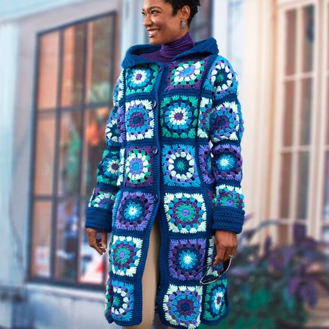 6 Crochet Granny Square Jacket Patterns | The Crochet Crowd Diy Crochet Granny Square, Crochet Coat Pattern, Crochet Sweater Coat, Crochet Jacket Pattern, Cardigan Au Crochet, Granny Square Sweater, Crochet Crowd, Sweater Patterns, Pull Crochet