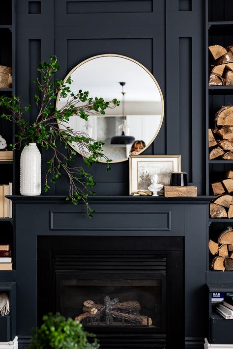 Spring Mantel Decor Fireplace Mantel Decor Ideas, Spring Mantel Decor, Vintage Candle Sconces, Black Mantle, Mantel Decor Ideas, Spring Mantel, Wood Facade, Fireplace Mantle Decor, Black Fireplace