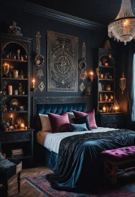 22 Enchanting Dark Feminine Bedroom Ideas to Inspire You 17 Dark Feminine Decor, Dark Botanical Bedroom, Moody Cozy Bedroom, Dark Feminine Room, Moody Vintage Bedroom, Goth Bedroom Ideas, Moody Cottagecore, Goth Apartment, Homey Touches