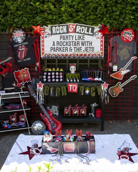 Rock N Roll Hall Of Fame Party Ideas, Rock N Roll Photo Backdrop, Rock And Roll Candy Table, Rock And Roll Party Snacks, Rock Roll Decor Party, Rock And Roll Pool Party, Rock And Roll Dessert Table, Food For Rock And Roll Party, Rock And Roll Balloon Garland