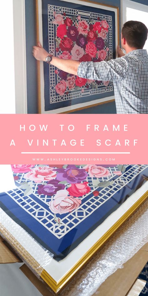 Hermes Scarf Framed Wall Art, Frame Hermes Scarf, Display Fabric On Wall, Framed Gucci Scarf, Framing A Scarf, Scarf Decorating Ideas, How To Frame Fabric Wall Art, How To Frame Fabric, Framed Scarf Wall Art