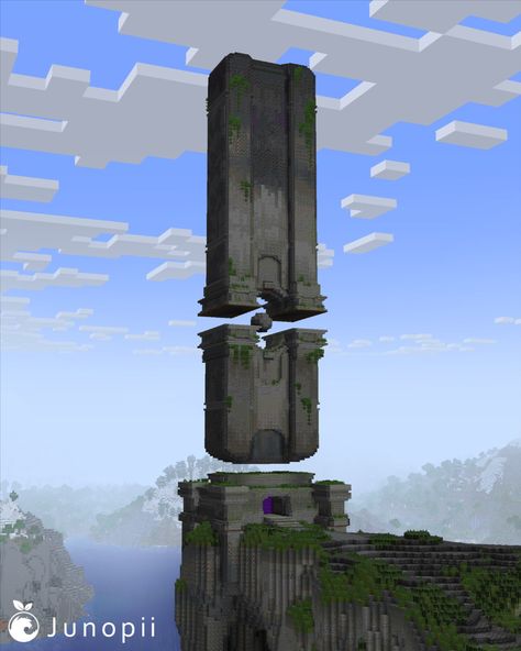 Minecraft build of a large floating stone structure consisting of 2 pillars with a sphere between them. There is a bridge leading to the structure with a small opening at the base with a nether portal inside. Minecraft Tower Build, Minecraft Water Builds, Minecraft Towers, Nether Portal Design, Minecraft Temple, Minecraft Portal, Minecraft Underground, Nether Portal, Minecraft Steampunk