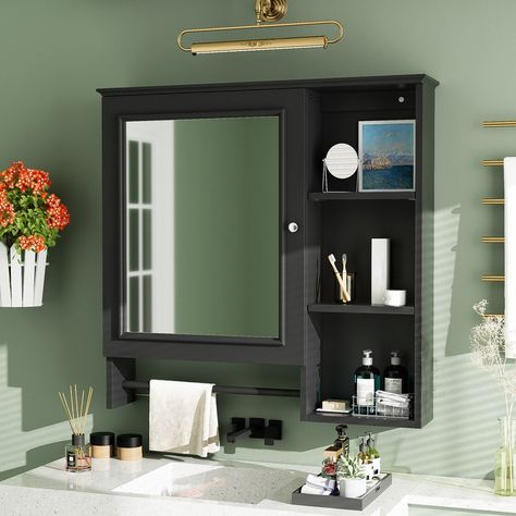 Description: Product Name: Bathroom cabinet Main Material: MDF+glass Mount Type: Wall Mounted Color: Black, White, Green Product Dimensions: 4.49 x 28.86 x 27.99in. Product Weight: 20.98lbs. Weight Capacity: Overall-55 lbs/Mirror door inner panel-11 bs/Open shelves-6.5 lbs Cabinet Finish Type: Painted Cabinet Features: Mirror Included Number of Doors: 1 Number of Mirrors: 1 Assembly: Assembly Required Number of packages: 1 Package Size: 32.00 x 22.00 x 5.00in.，25.57lbs. Package Listing: 1 x Mirr Expresso Cabinets, Cabinet For Office, Framed Medicine Cabinet, Wall Mounted Medicine Cabinet, Bathroom Mirror With Shelf, Wall Storage Cabinets, Wall Mounted Bathroom Storage, Wall Mounted Bathroom Cabinets, Double Glass Doors