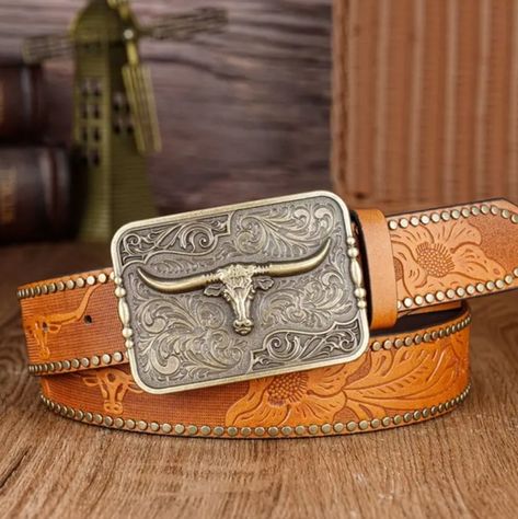 New PU Leather longhorn steer bull 47" belt &  buckle Country Belt Buckles, Country Belts, Longhorn Steer, Cowboy Belt Buckles, Tooled Leather Belts, Buckle Outfits, Leather Belt Buckle, Cowboy Belt, Brass Belt Buckles