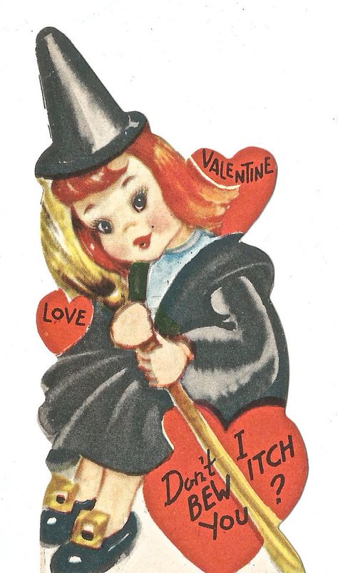 Vintage Valentine card cute witch digital download printable image 300 dpi Weird Valentines, Hello Valentine, Childrens Valentines, Vintage Holiday Cards, Valentine Images, Cute Witch, Altered Art Projects, Vintage Valentine Cards, Valentine Greeting Cards