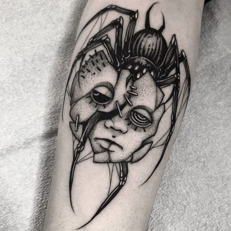 Creepy Tattoo Filler Ideas, Creepy Blackwork Tattoo, Blackwork Spider Tattoo, Gory Tattoo Designs, Creepy Face Tattoo, Creepy Doll Tattoo, Creepy Tattoos Gothic, Guillotine Tattoo, Macabre Tattoo