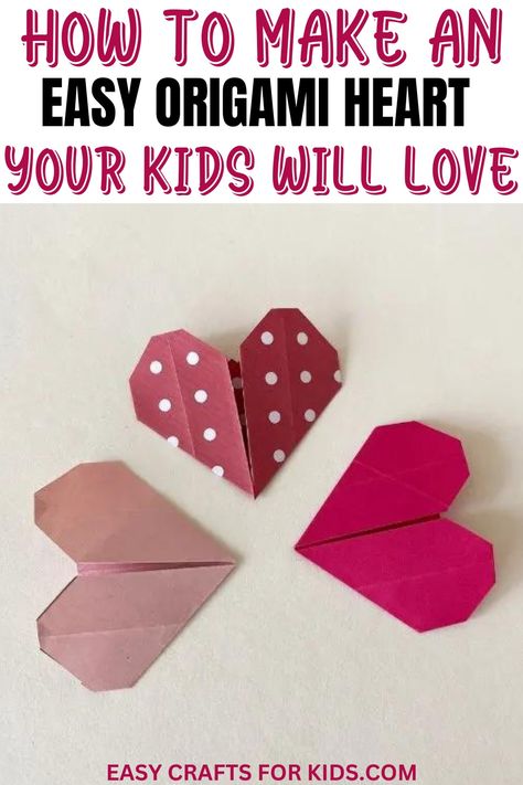 If you're looking for an easy Valentines Day crafts for kids to recreate with your little ones, I can guarantee your kids will love recreating these easy Origami hearts. Also, kids love to show love to their parents, so this will be an amazing diy Valentines gift your kids will be happy to give you. Paper Heart Crafts For Kids, Heart Origami Easy, Love Crafts For Kids, Quick Valentine Crafts, Simple Origami For Kids, Easy Valentines Day Crafts, Heart Step By Step, Valentines Day Crafts For Kids, Diy Valentines Gift