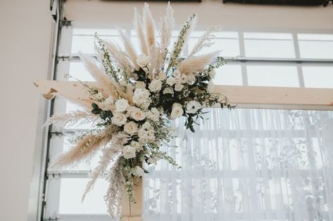 Pampas And White Roses, Pampas Grass White Roses Bouquet, Green And White With Pampas Bouquet, Pampas Grass Wedding Centerpieces Simple, Pampas Grass And White Flowers, Pampas Grass Greenery Wedding, Pampas And Greenery Wedding Arch, Pampas Grass White Roses Centerpiece, Pampas Grass And White Roses